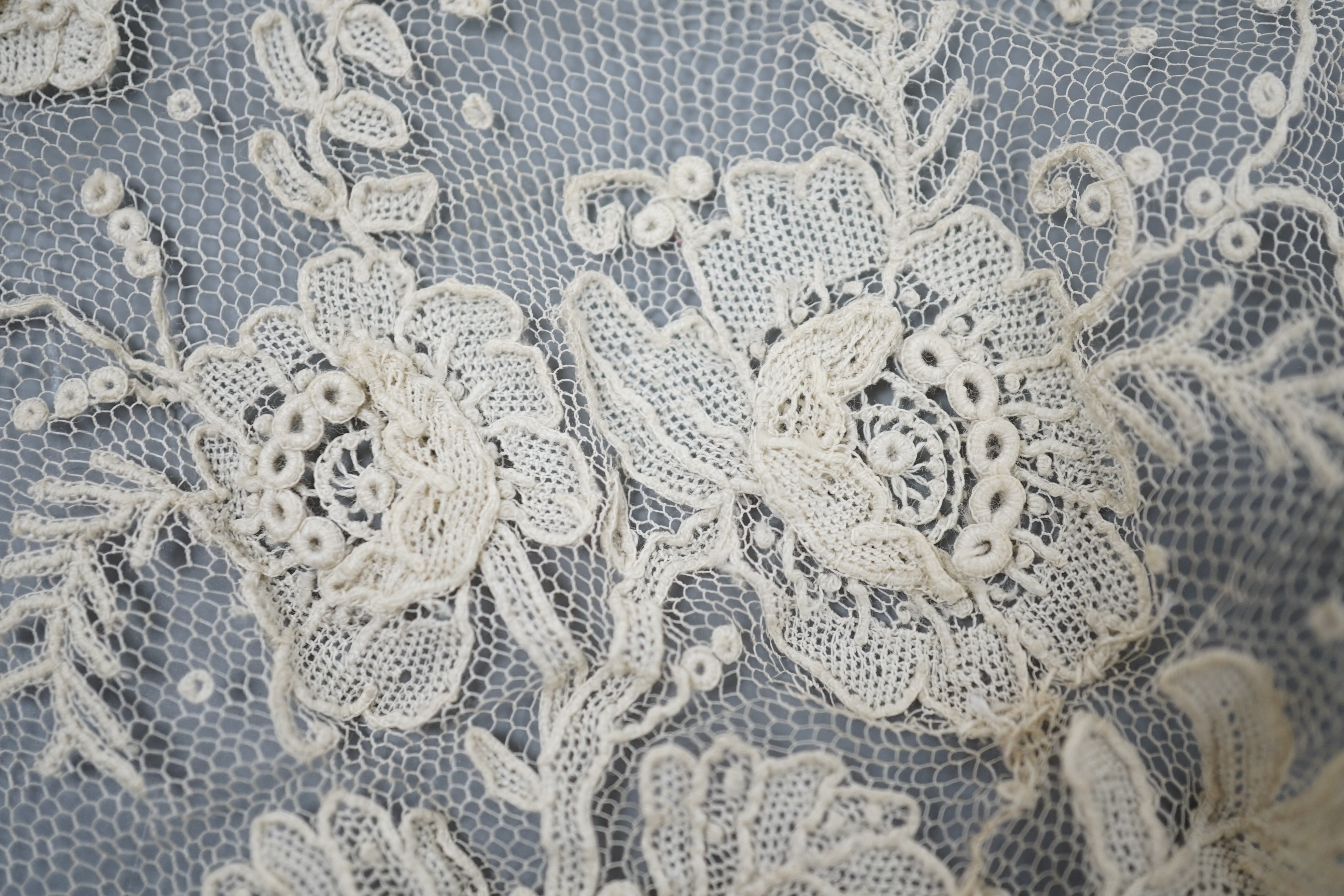 A mixed Brussels lace berth with fine needle lace floral insertions, together with a mixed bobbin veil and needleworked Brussels stols